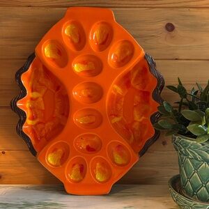 USA 749 Pottery Vibrant Orange/Yellow Shaped Egg Ceramic Tray